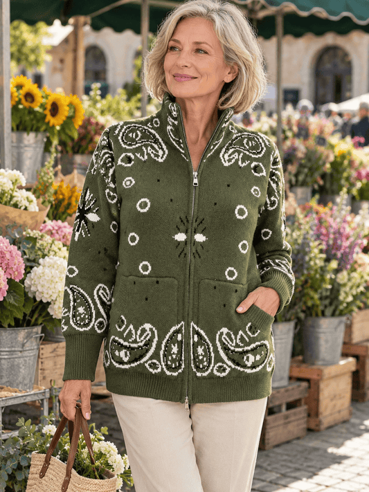 Women’s Paisley Jacquard Wool-Blend Zip Cardigan