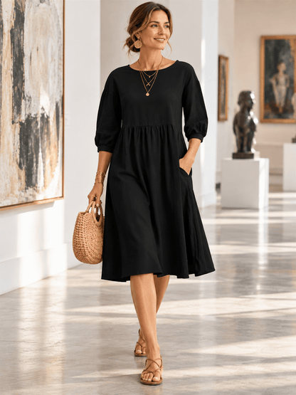 Women’s Washed Linen-Blend Balloon-Sleeve Dress with Pockets