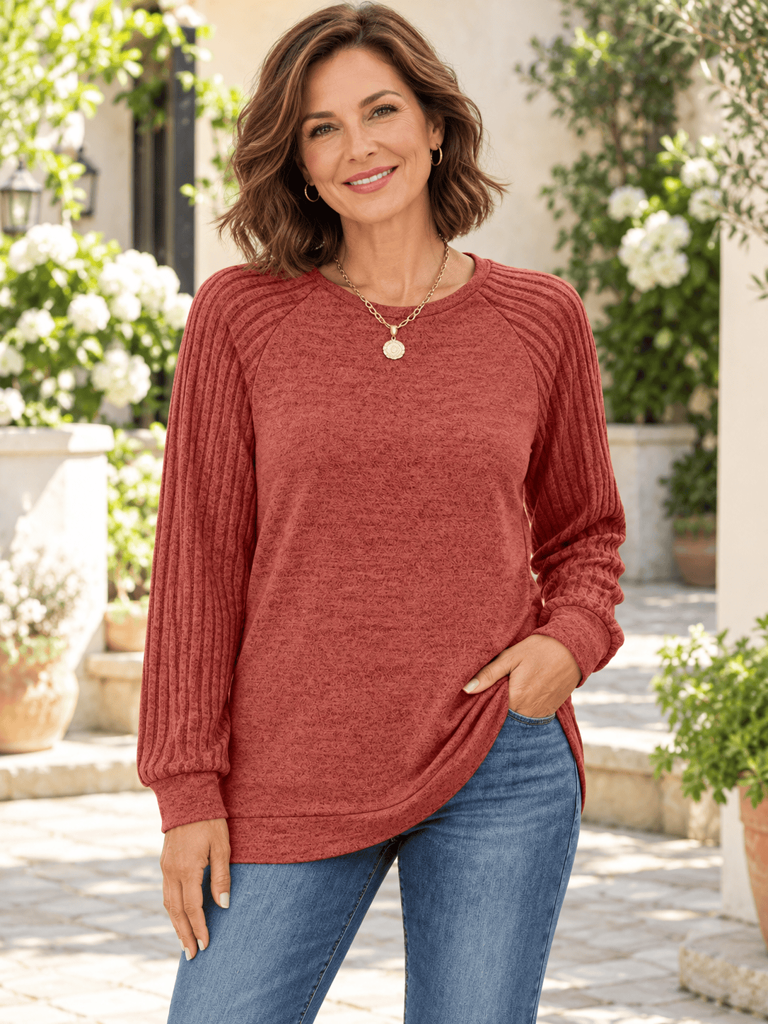Women’s Soft Stretch Ribbed Raglan Sleeve Top