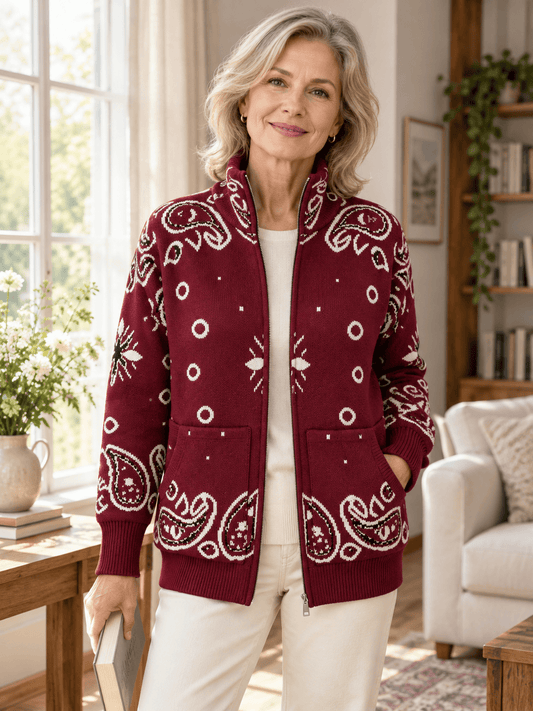 Women’s Paisley Jacquard Wool-Blend Zip Cardigan