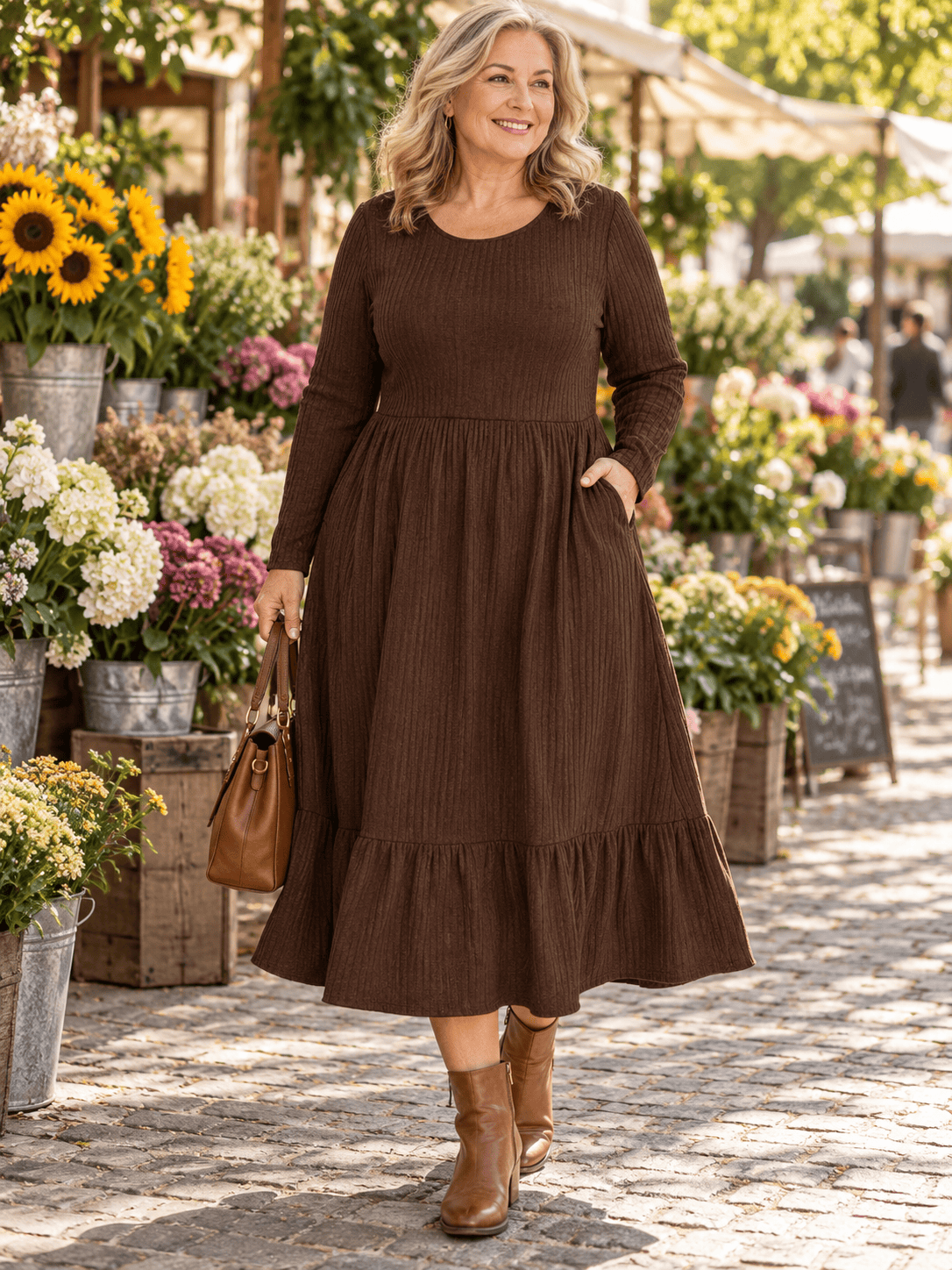 Women’s Cotton-Blend Ribbed Midi Dress with Pockets