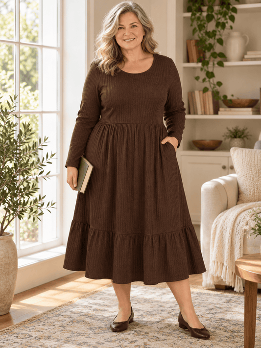 Women’s Cotton-Blend Ribbed Midi Dress with Pockets