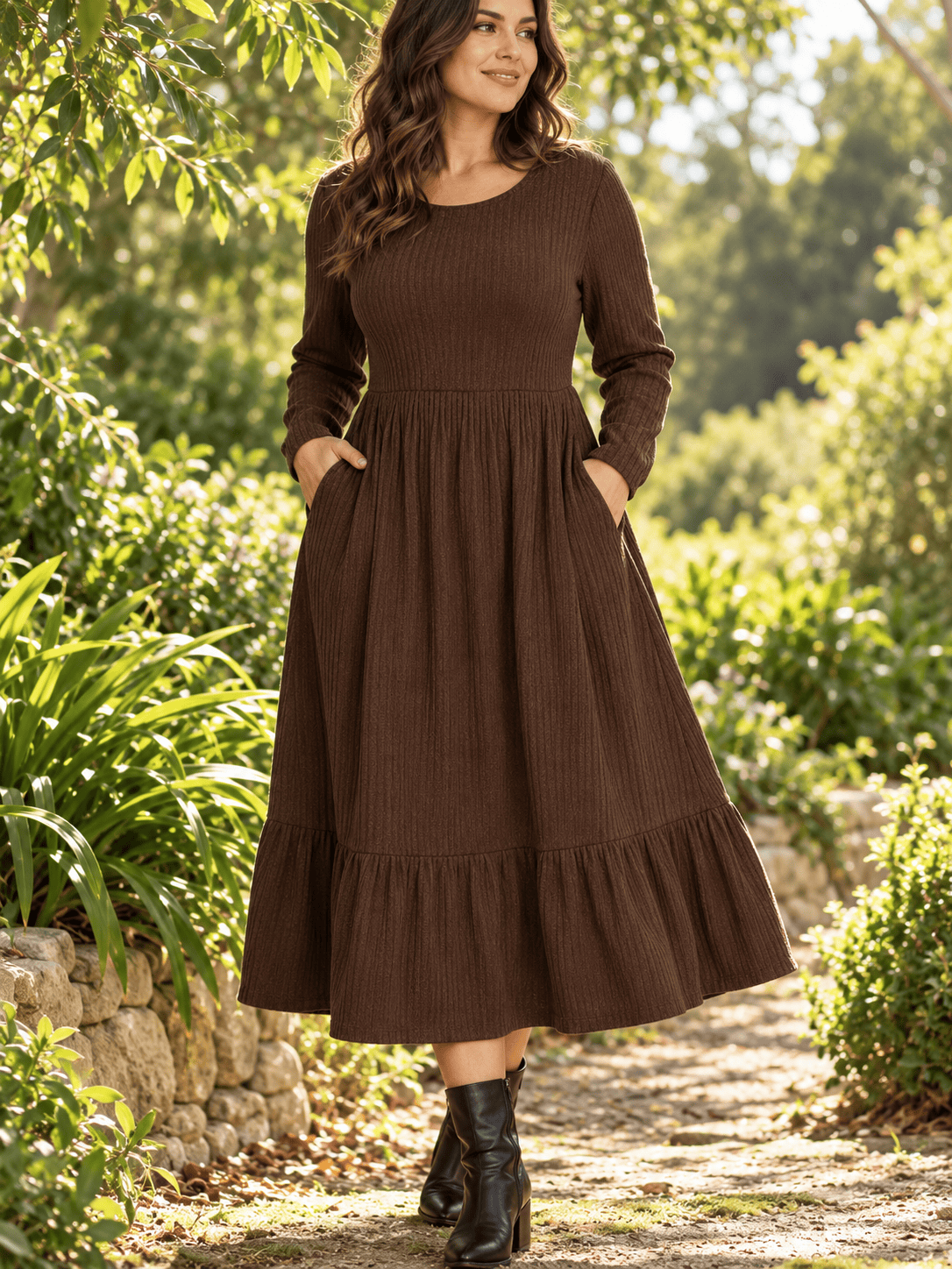 Women’s Cotton-Blend Ribbed Midi Dress with Pockets
