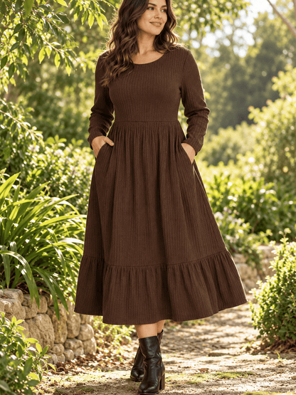Women’s Cotton-Blend Ribbed Midi Dress with Pockets