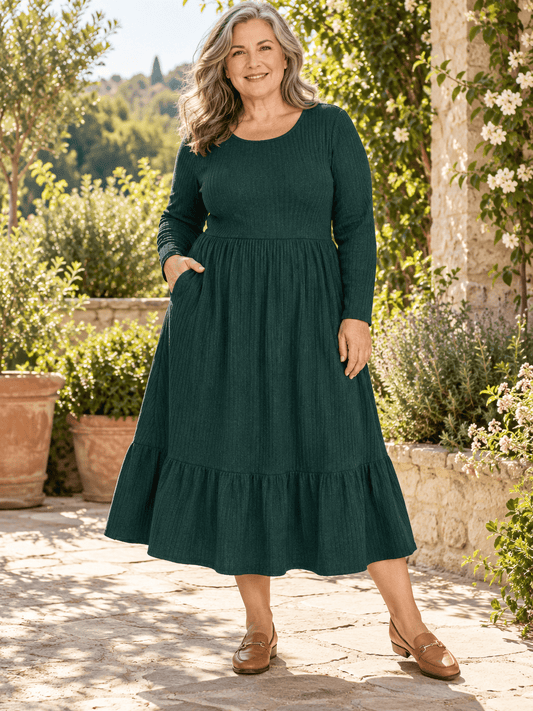 Women’s Cotton-Blend Ribbed Midi Dress with Pockets