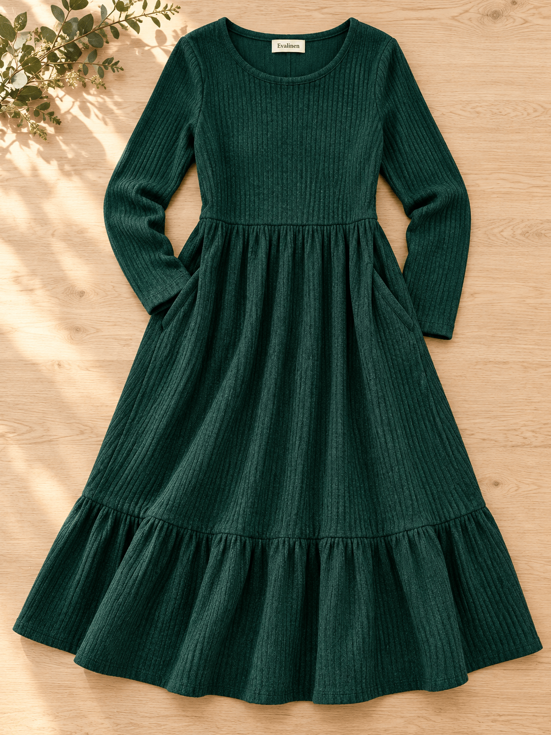 Women’s Cotton-Blend Ribbed Midi Dress with Pockets