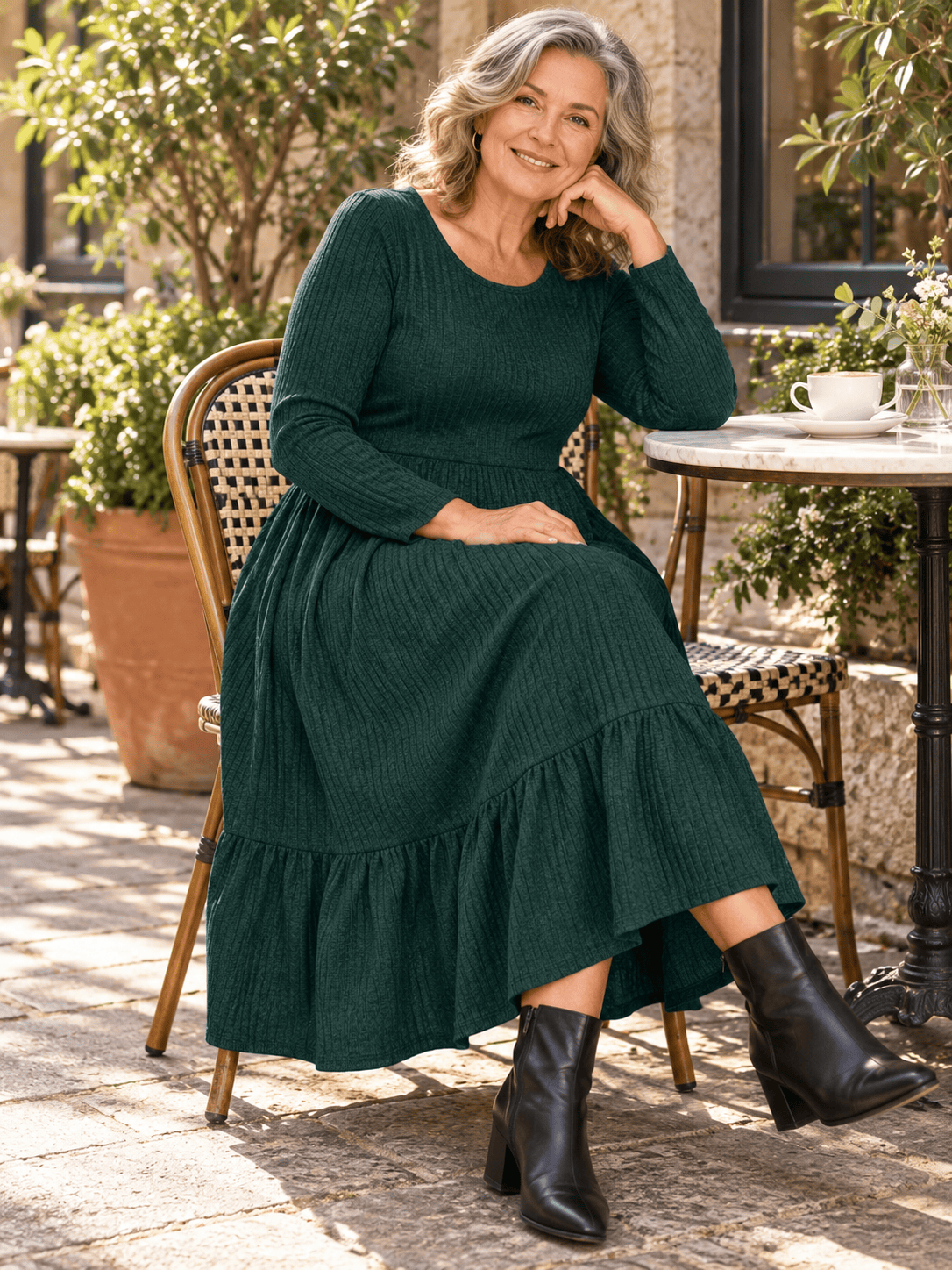 Women’s Cotton-Blend Ribbed Midi Dress with Pockets