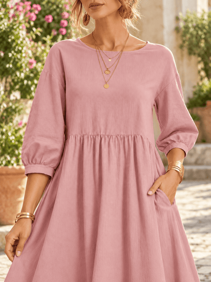 Women’s Washed Linen-Blend Balloon-Sleeve Dress with Pockets