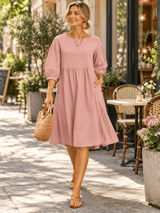 Women’s Washed Linen-Blend Balloon-Sleeve Dress with Pockets