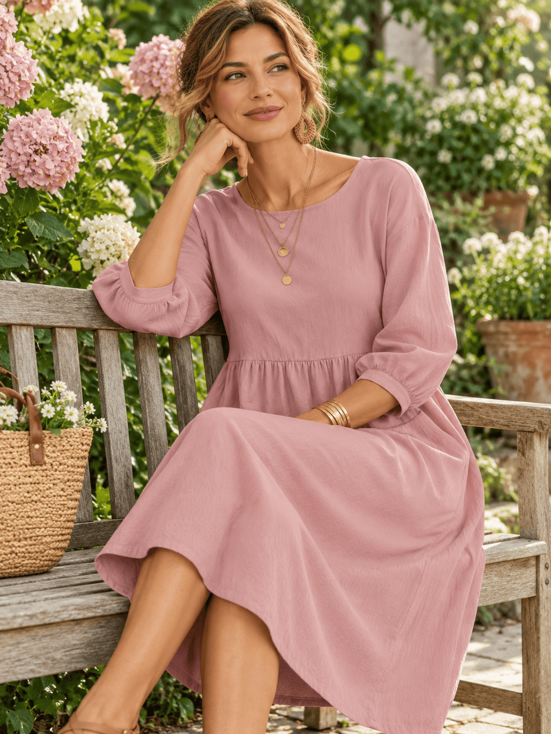 Women’s Washed Linen-Blend Balloon-Sleeve Dress with Pockets