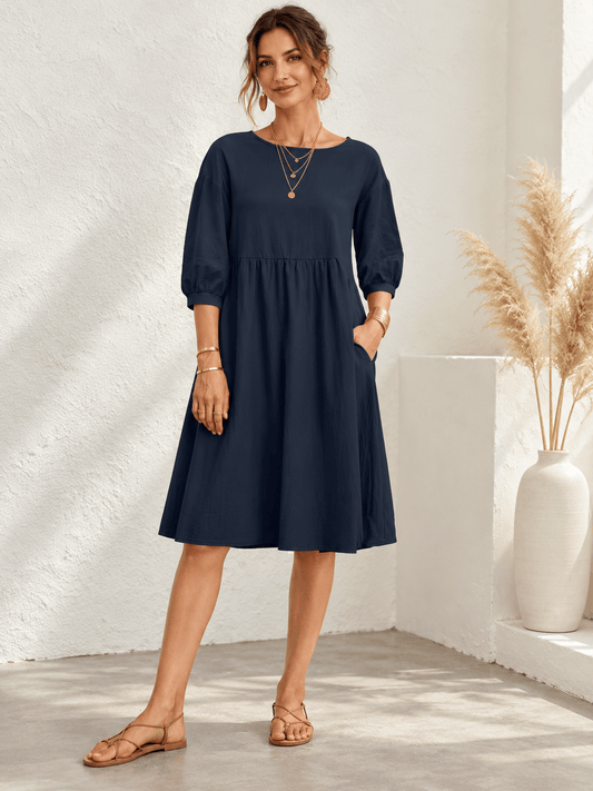 Women’s Washed Linen-Blend Balloon-Sleeve Dress with Pockets