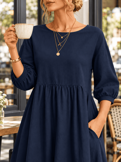 Women’s Washed Linen-Blend Balloon-Sleeve Dress with Pockets