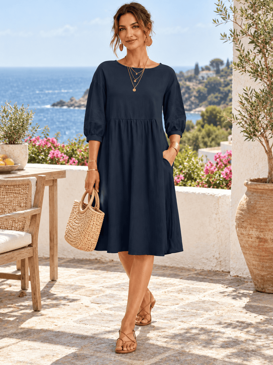 Women’s Washed Linen-Blend Balloon-Sleeve Dress with Pockets