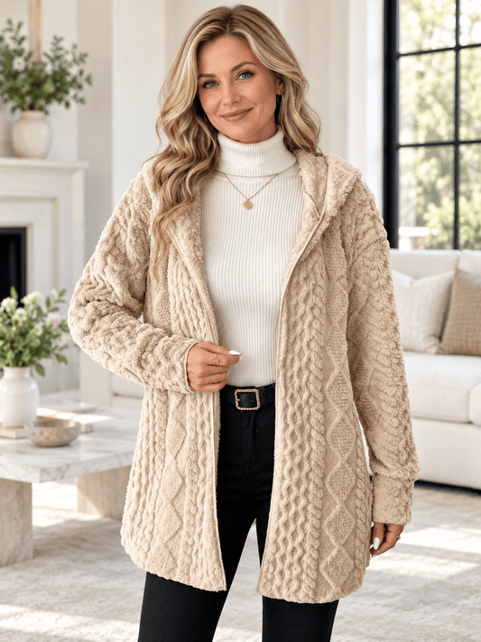 Women’s Textured Plush Hooded Open-Front Cardigan