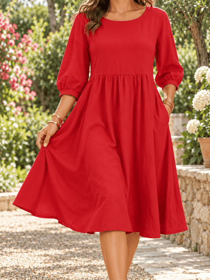 Women’s Washed Linen-Blend Balloon-Sleeve Dress with Pockets