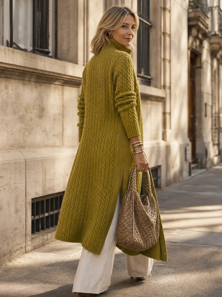 Women’s Wool-Blend Longline Cable-Knit Cardigan